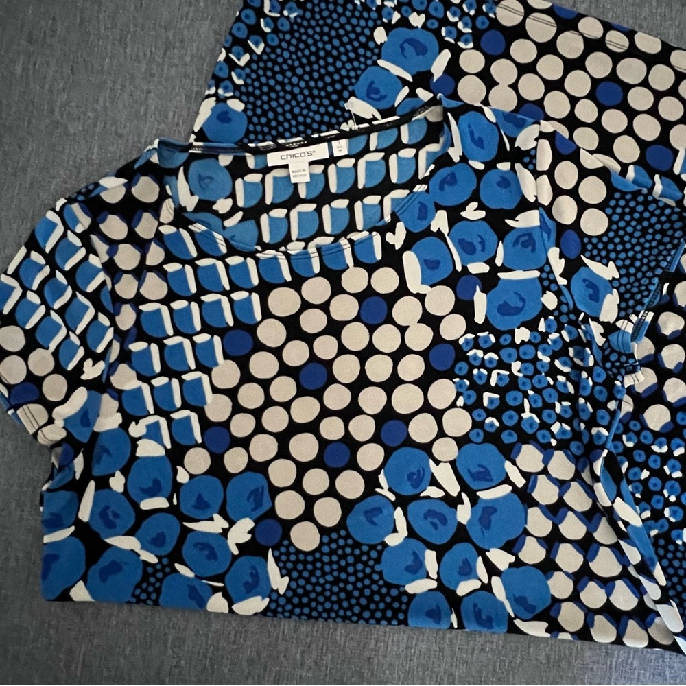 CHICO’S Blue, Black & White Geometric Tunic Dress Size 1  US M  NWOT P2P: 18” - Picture 10 of 14